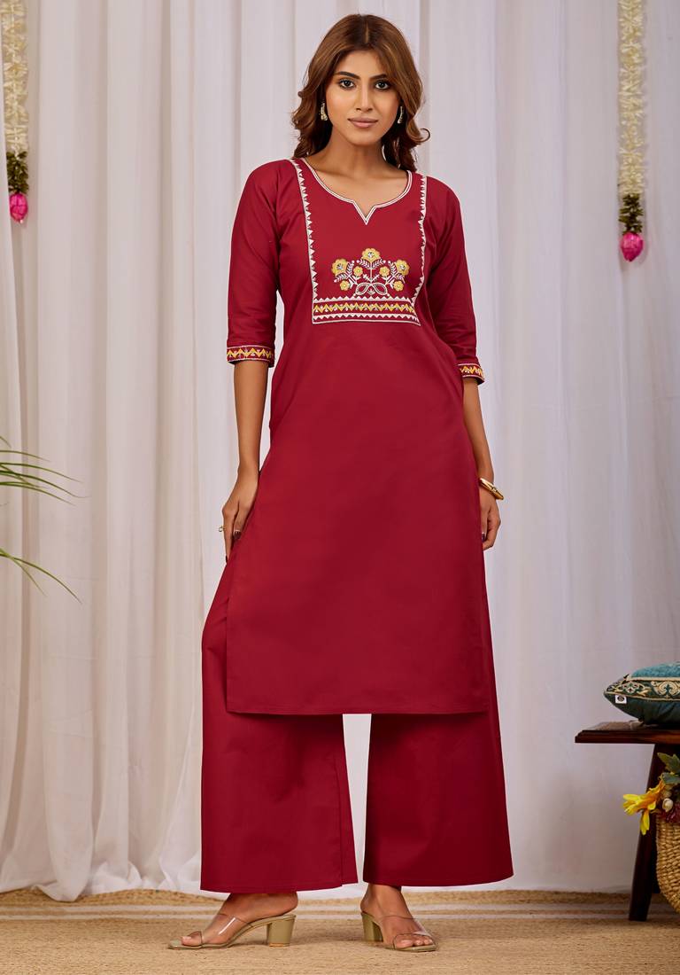Maroon dhabu cotton kurta set