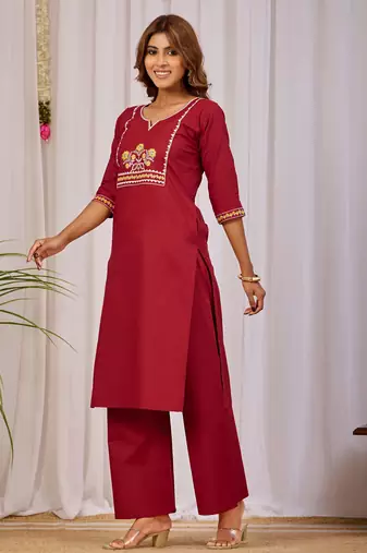 Maroon color dhabu cotton fabric designer casual looks kurta set for girls