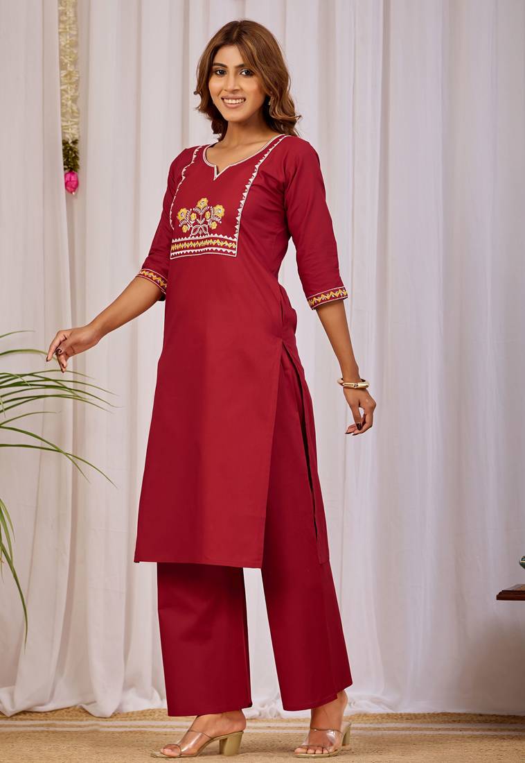 Maroon dhabu cotton kurta set
