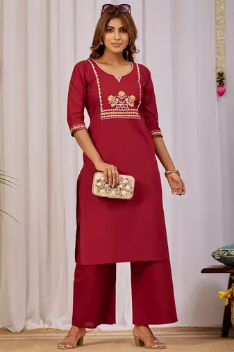 Maroon color dhabu cotton fabric designer casual looks kurta set for girls
