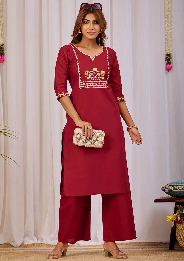 Maroon dhabu cotton kurta set