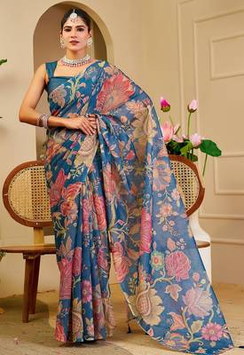 Blue cotton blend floral print saree with blouse 1