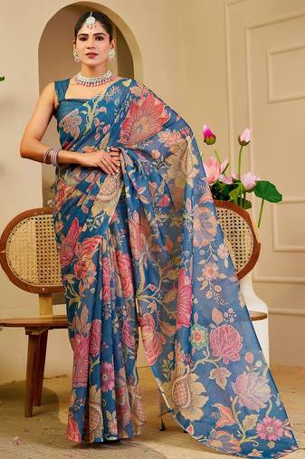 Blue cotton blend floral print saree with blouse