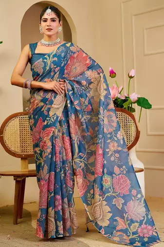 Blue cotton blend floral print saree with blouse