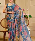 Blue cotton blend floral print saree with blouse