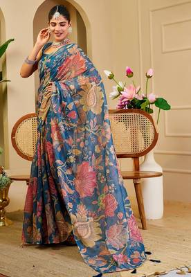 Blue cotton blend floral print saree with blouse 2