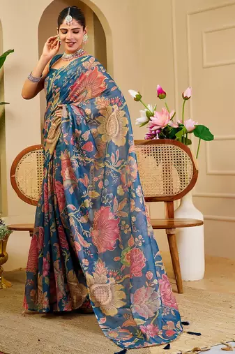 Blue cotton blend floral print saree with blouse