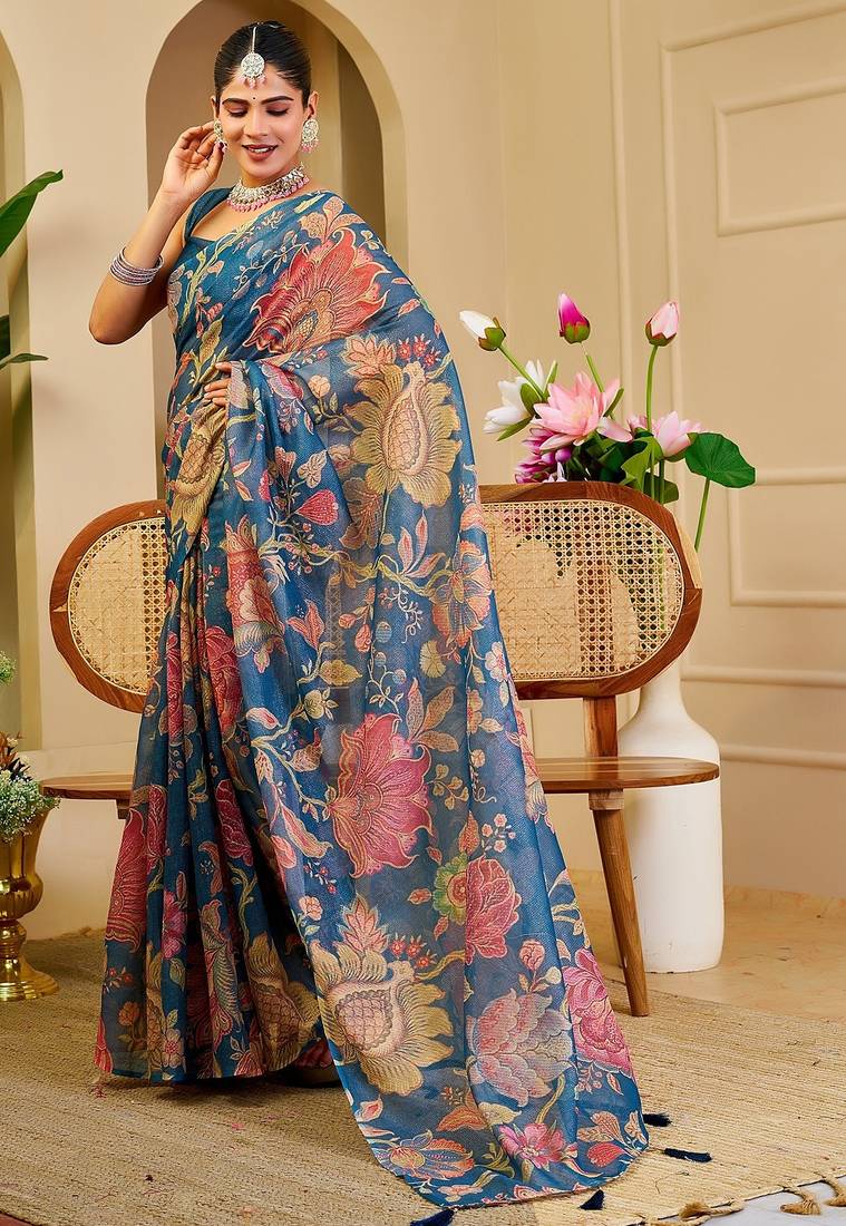 Blue cotton blend floral print saree with blouse