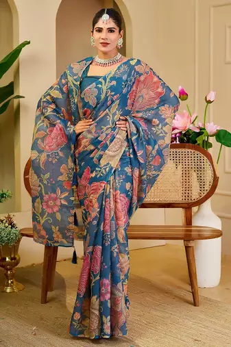 Blue cotton blend floral print saree with blouse