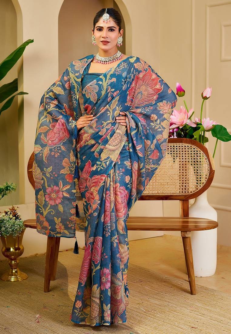 Blue cotton blend floral print saree with blouse