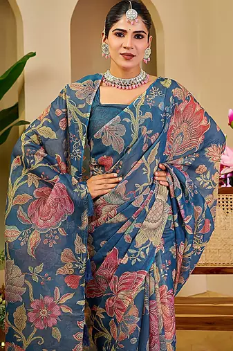 Blue cotton blend floral print saree with blouse
