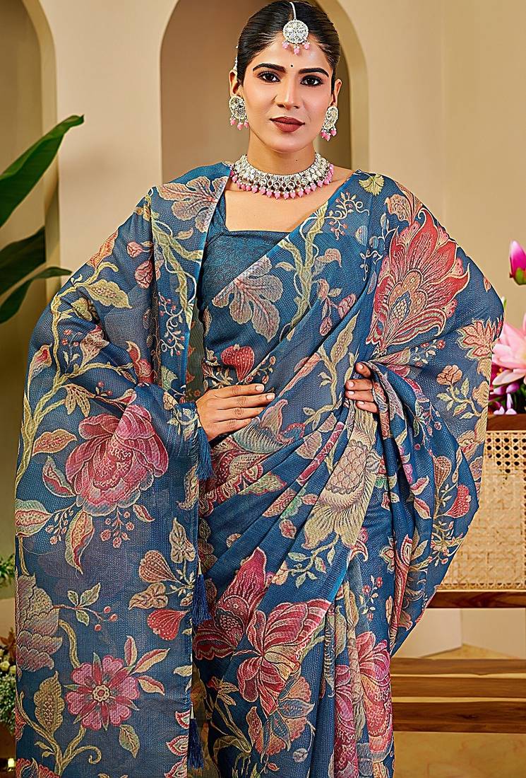 Blue cotton blend floral print saree with blouse