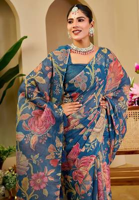 Blue cotton blend floral print saree with blouse 5