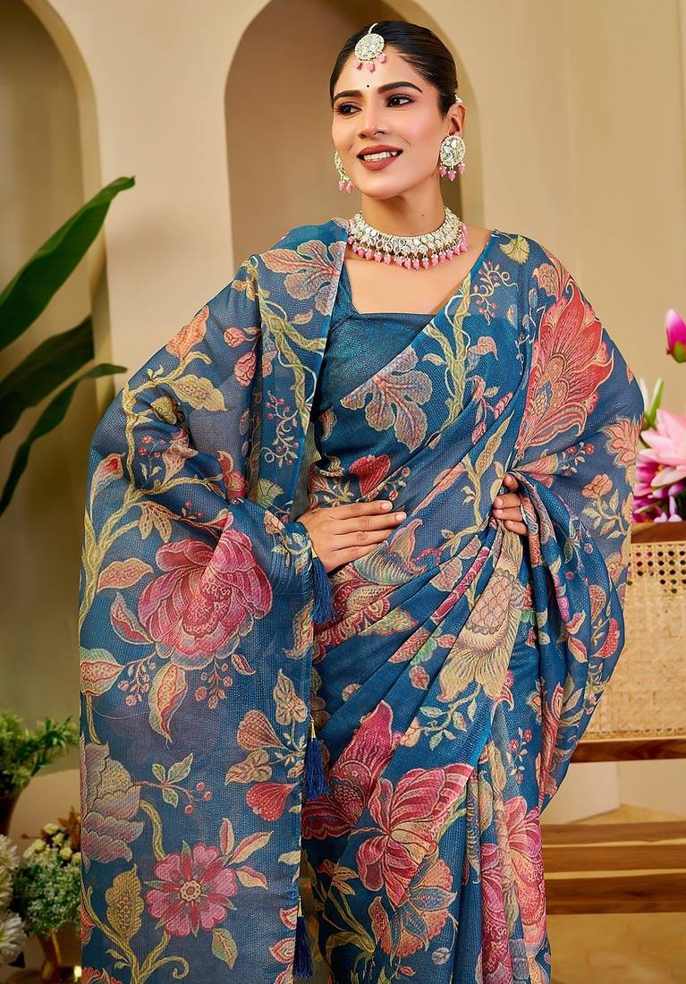 Blue cotton blend floral print saree with blouse