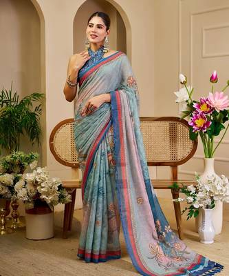 Sea green cotton blend floral print saree with blouse 1