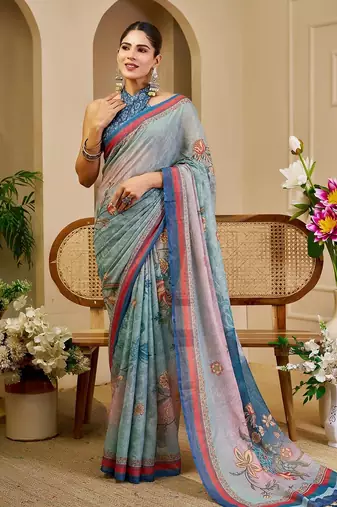 Sea green cotton blend floral print saree with blouse