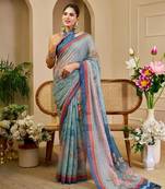 Sea green cotton blend floral print saree with blouse