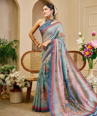 Sea green cotton blend floral print saree with blouse 2