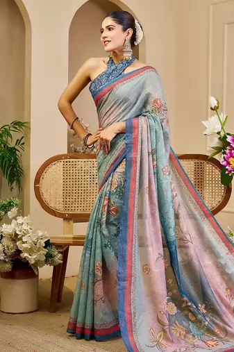 Sea green cotton blend floral print saree with blouse