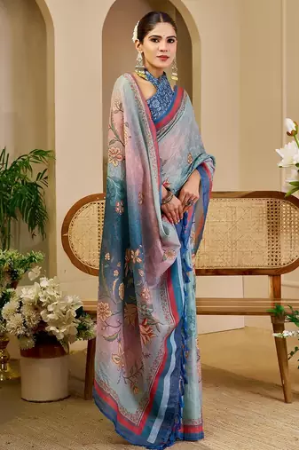 Sea green cotton blend floral print saree with blouse