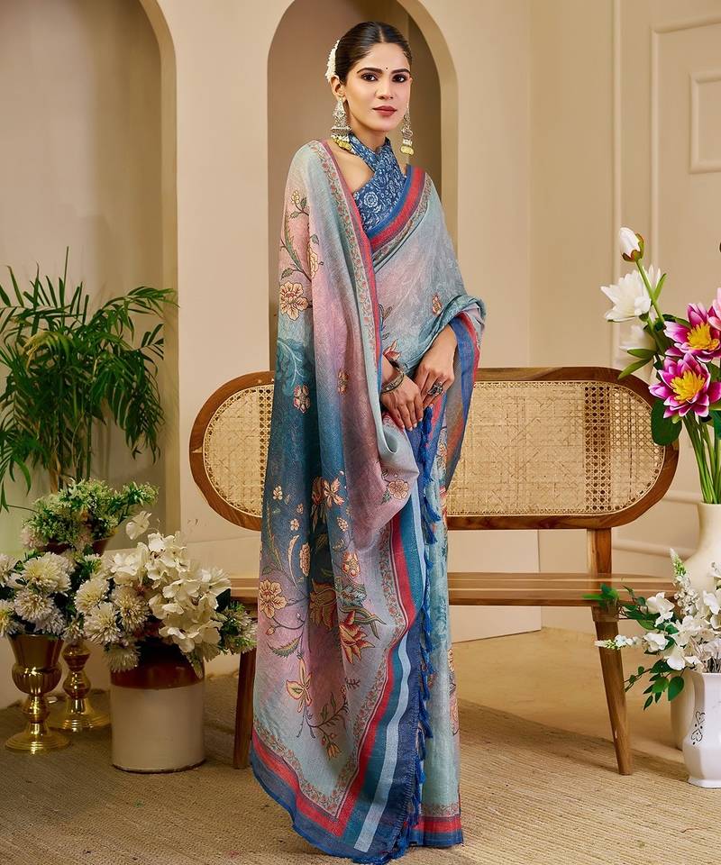 Sea green cotton blend floral print saree with blouse