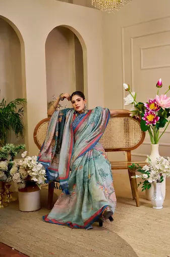 Sea green cotton blend floral print saree with blouse