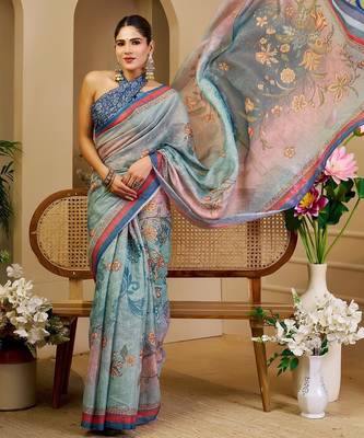 Sea green cotton blend floral print saree with blouse 5