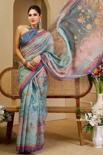Sea green cotton blend floral print saree with blouse