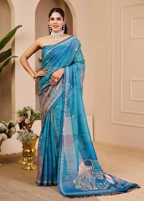 Sky blue cotton blend floral print saree with blouse 1