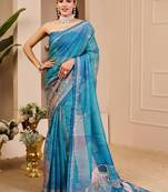 Sky blue cotton blend floral print saree with blouse