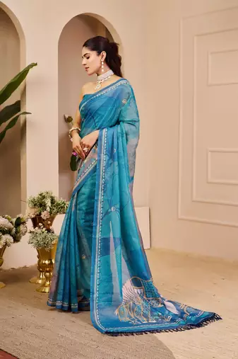Sky blue cotton blend floral print saree with blouse