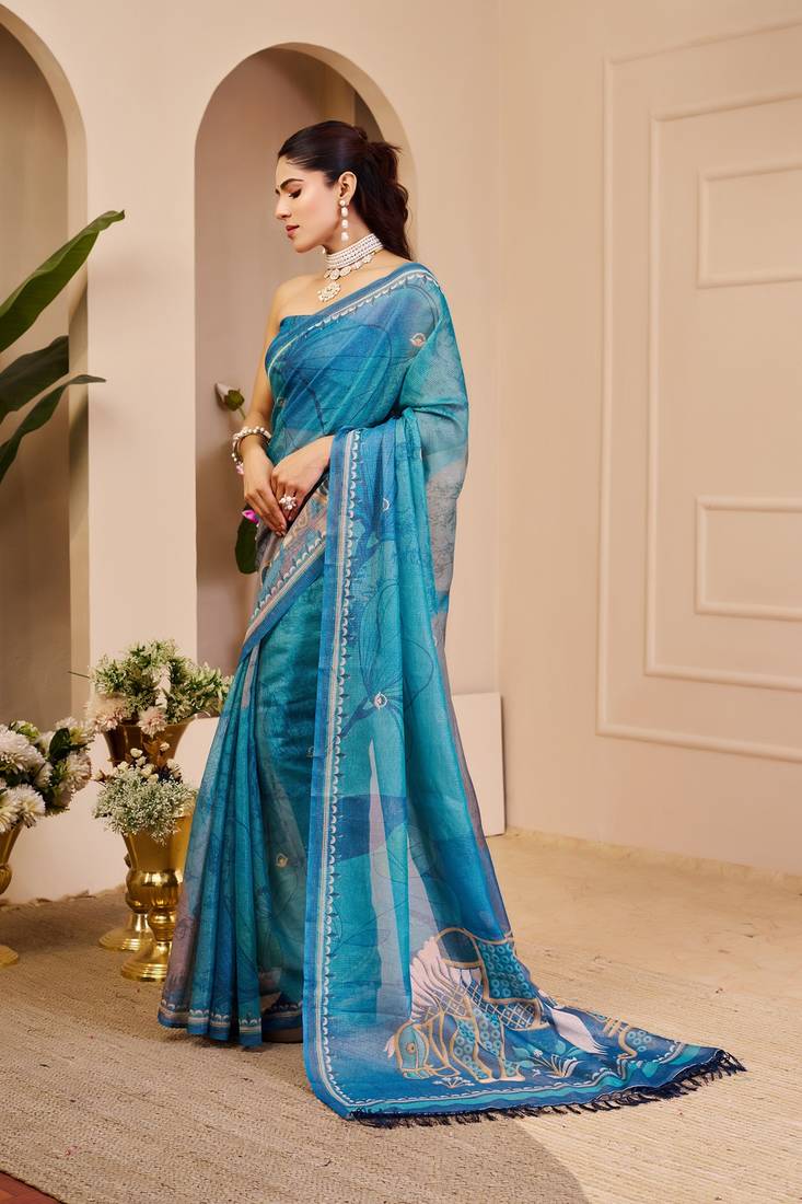 Sky blue cotton blend floral print saree with blouse