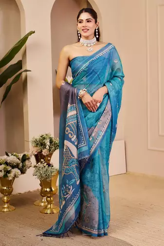 Sky blue cotton blend floral print saree with blouse