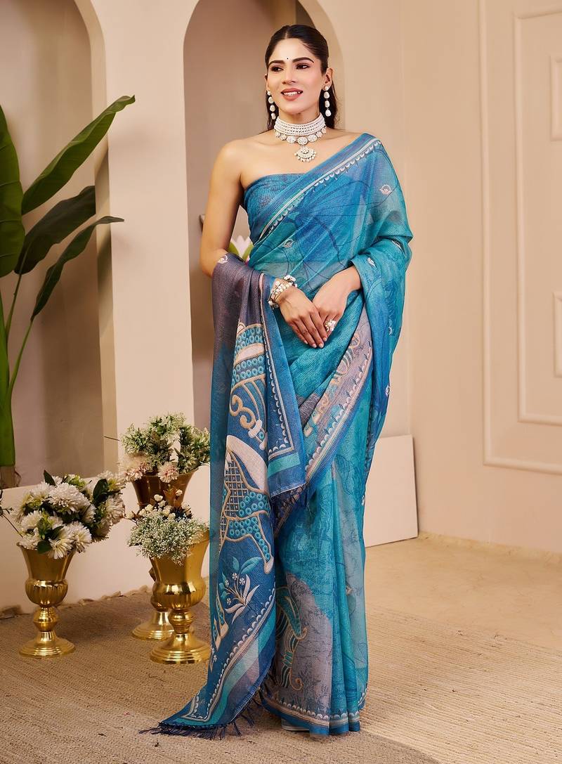 Sky blue cotton blend floral print saree with blouse