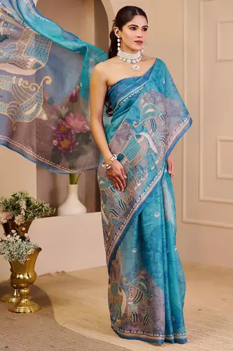 Sky blue cotton blend floral print saree with blouse