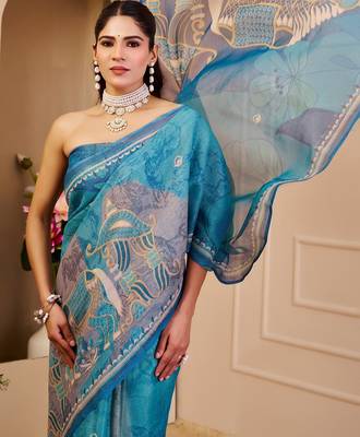 Sky blue cotton blend floral print saree with blouse 5