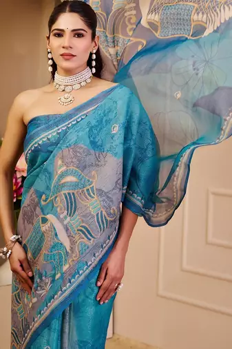Sky blue cotton blend floral print saree with blouse