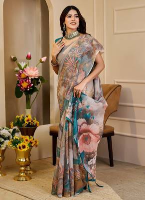 Beige cotton blend floral print saree with blouse 1