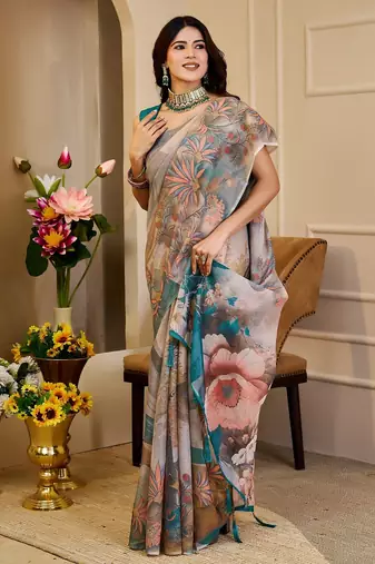 Beige cotton blend floral print saree with blouse