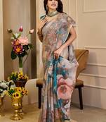 Beige cotton blend floral print saree with blouse