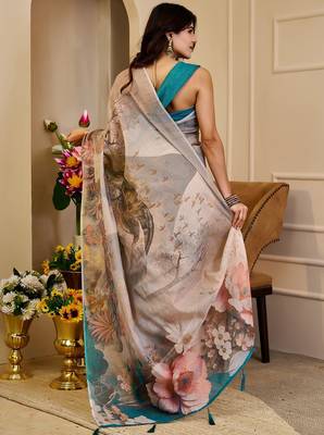 Beige cotton blend floral print saree with blouse 2