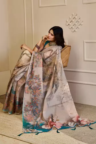 Beige cotton blend floral print saree with blouse