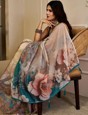 Beige cotton blend floral print saree with blouse 4