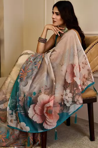 Beige cotton blend floral print saree with blouse