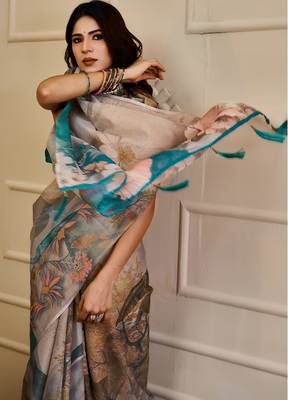 Beige cotton blend floral print saree with blouse 5