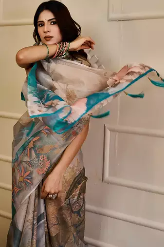 Beige cotton blend floral print saree with blouse