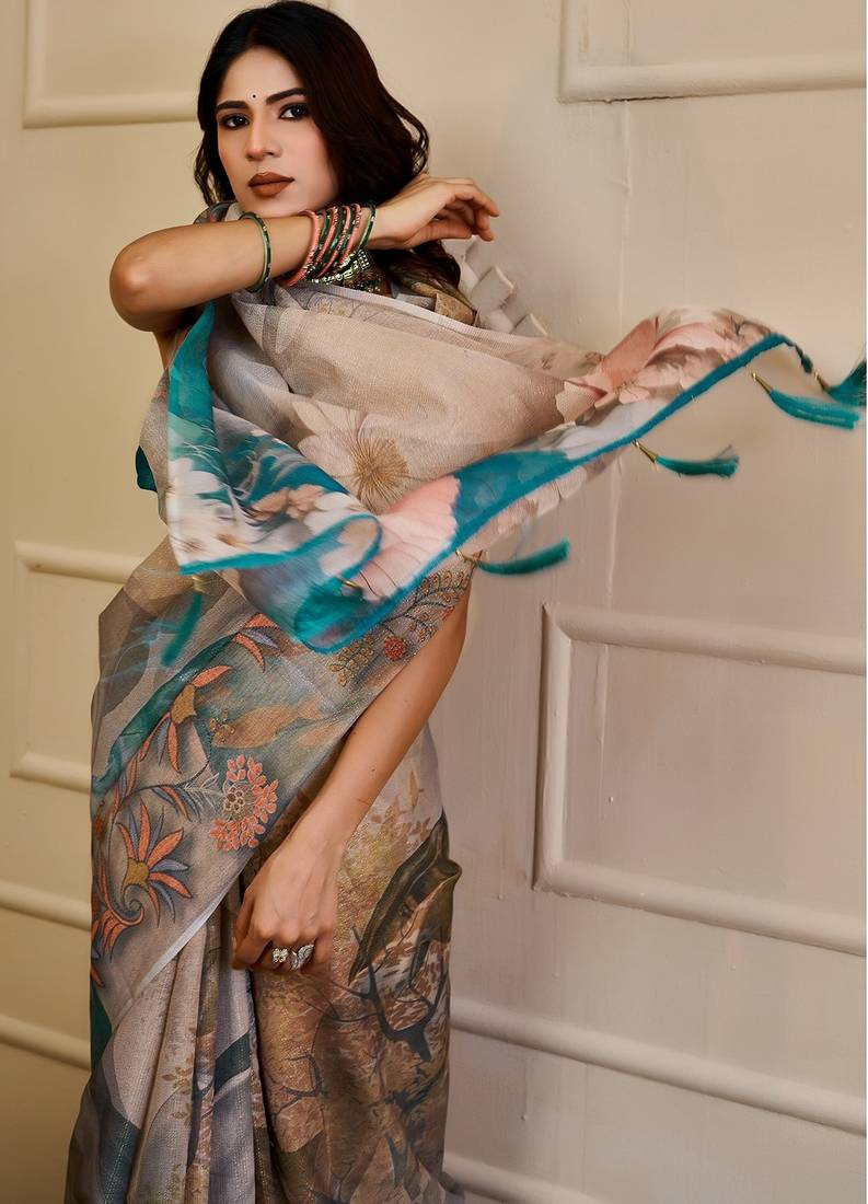 Beige cotton blend floral print saree with blouse