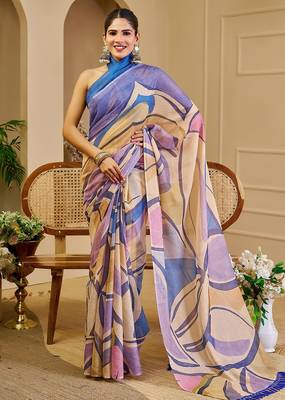Purple cotton blend geometric print saree with blouse 1