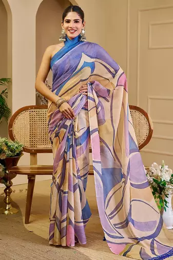 Purple cotton blend geometric print saree with blouse