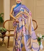 Purple cotton blend geometric print saree with blouse